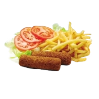 Friet, 2 kroketten, zacht broodje, mayonaise of curry