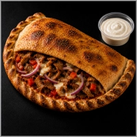  &nbsp;&nbsp;&nbsp;Tomatensaus, mozzarella, shoarma, rode ui, champignons, paprika en een bakje knoflooksaus