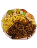 Friet, Shoarma, knoflooksaus, rauwkost en een pita broodje